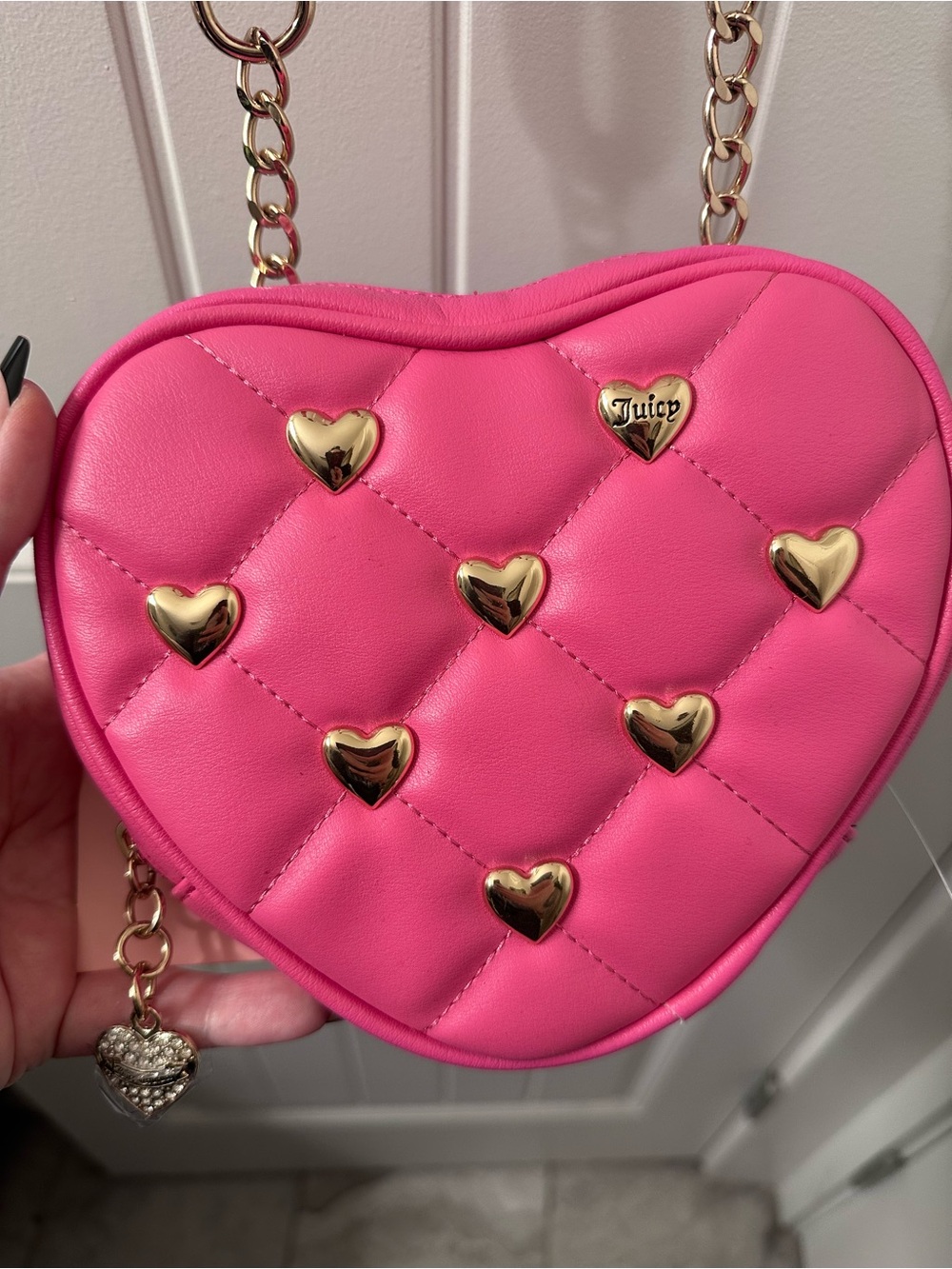 Juicy Couture Hot Pink Quilted Heart Mini Crossbody with Gold Hearts